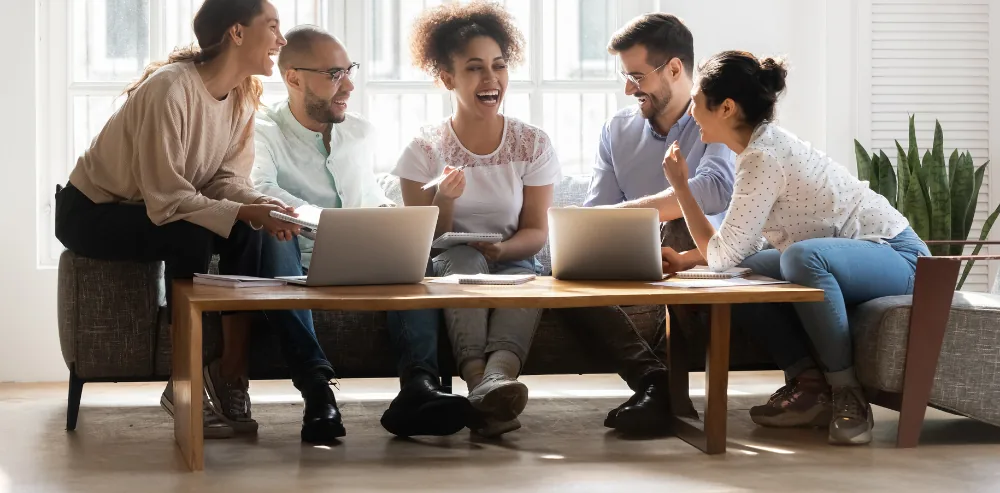 Team working together in a warm study environment
